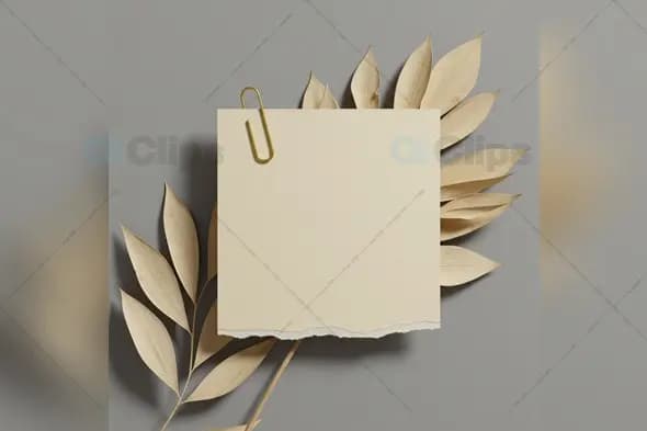 Minimal Paper Note with Dried Leaves and Gold Paperclip