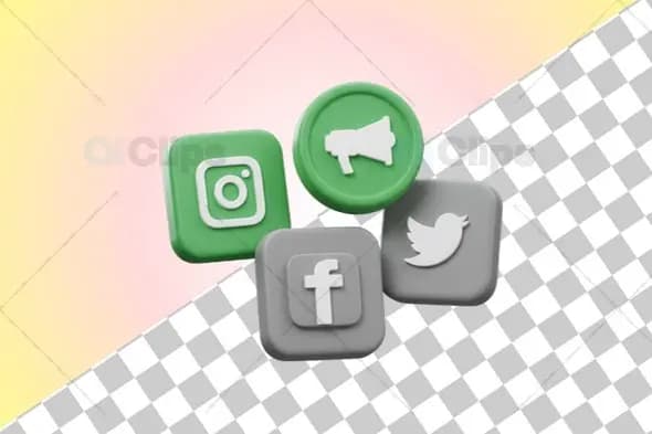 3D Social Media Icons Instagram, Twitter, Facebook & Megaphone