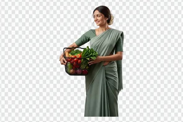 Happy Indian Woman Shopping for Fresh Vegetables PNG
