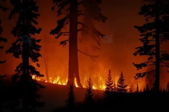 Forest Wildfire at Night with Burning Pine Trees in Silhouette