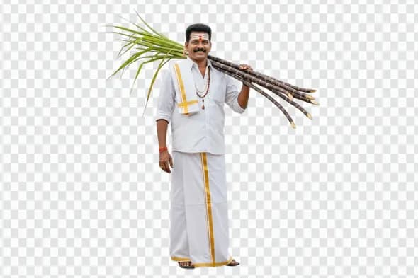South Indian Farmer Holding Sugarcane for Pongal PNG
