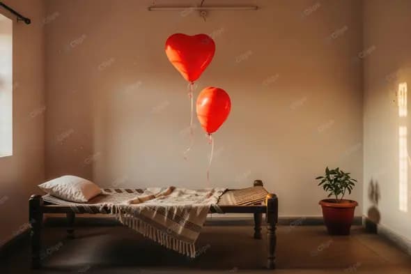 Sunlit Bedroom with Romantic Balloons