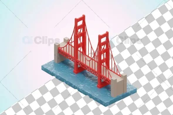 Isometric Golden Gate Bridge 3D Model Over Water