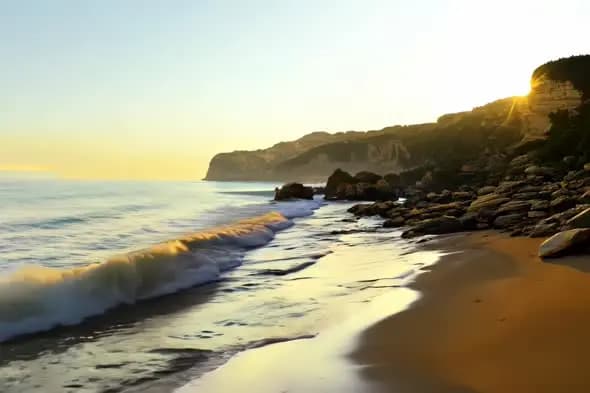 Golden Sunset Wave Rolling onto Rocky Coastal Beach