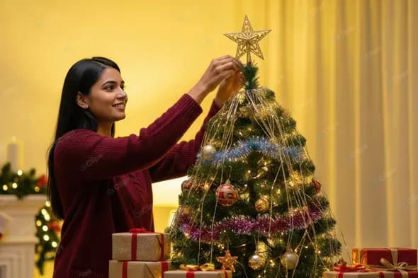 Smiling Woman Adds Star to Christmas Tree