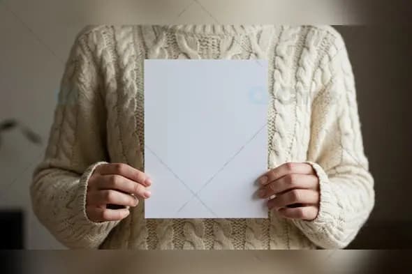 Blank A4 Paper Mockup Held by Woman in Sweater