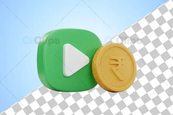 3D Play Button with Indian Rupee Coin