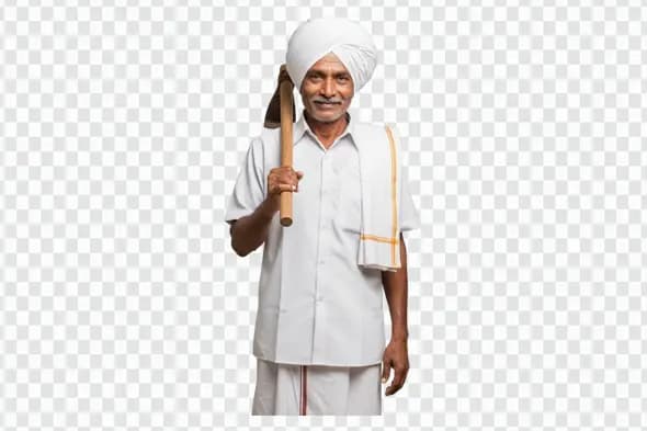 Smiling Indian Farmer Holding Hoe on Shoulder PNG