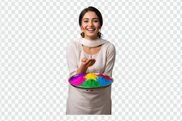 Smiling Woman with Holi Color Powder Thali PNG