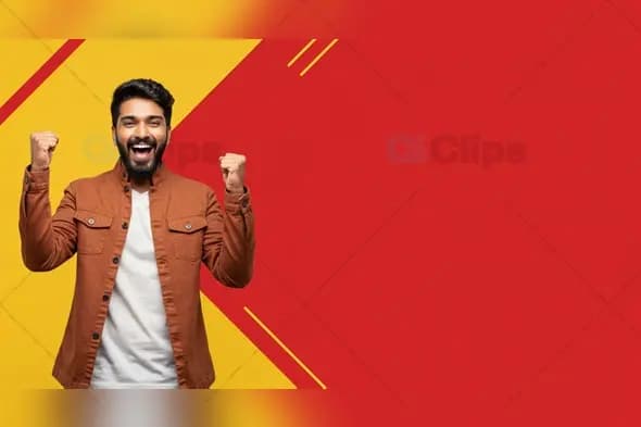 Excited Indian Man in Brown Jacket with Red and Yellow Background