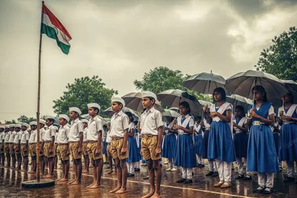 Patriotic School Assembly in Rain