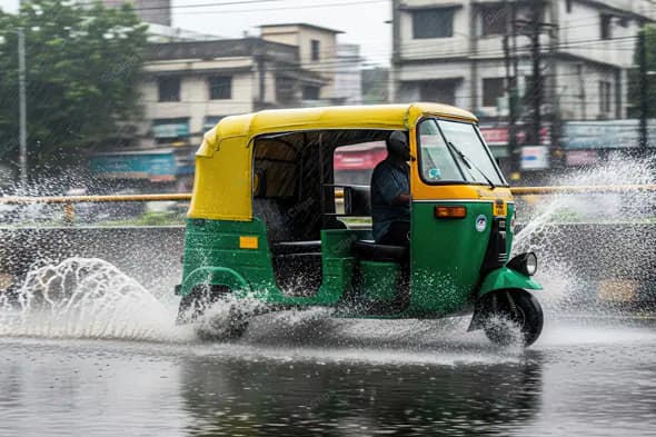 Auto Rickshaw Splashing Through Monsoon
