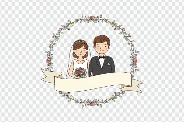 Illustrated Wedding Couple in Floral Frame Banner Clipart PNG
