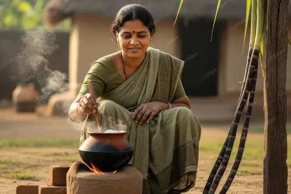 Indian Woman Cooking for Harvest Festival