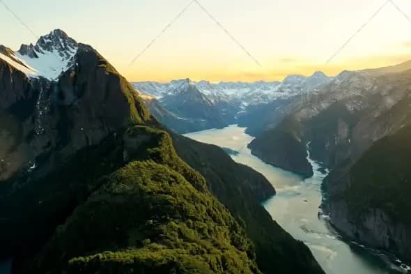 Majestic Fjord Sunrise Over Snow Capped Mountains and Winding River