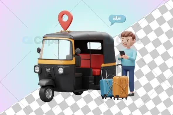 3D Auto Rickshaw with Traveler and GPS Location Pin