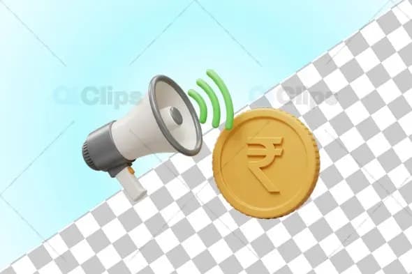 3D Megaphone Broadcasting Indian Rupee Coin Financial Concept