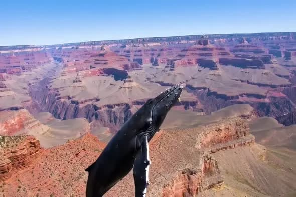 Surreal Whale Swimming Through Grand Canyon Landscape