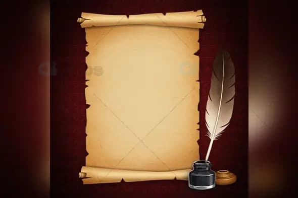 Vintage Parchment Scroll with Quill and Inkwell