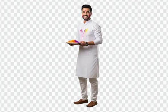 Smiling Indian Man Celebrating Holi with Colors Plate PNG
