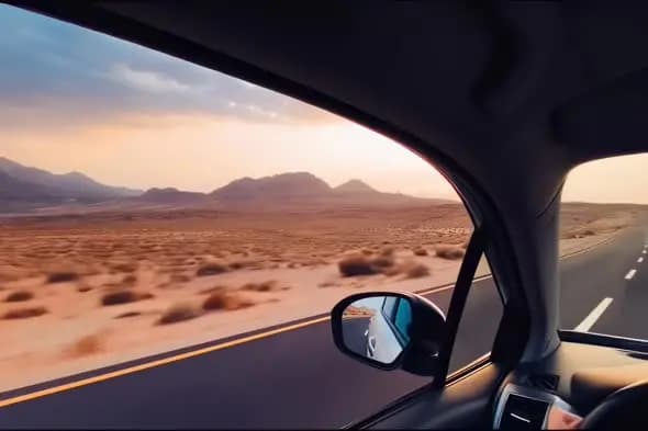 Desert Highway Journey Through Car Window at Sunset