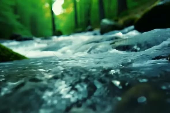 Rushing Forest Stream with Vibrant Green Background