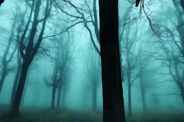 Mystical Turquoise Forest in Dense Morning Fog