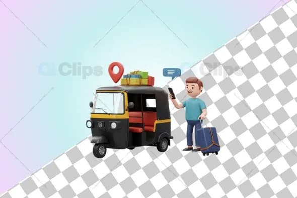 3D Auto Rickshaw with Traveler and Luggage Illustration