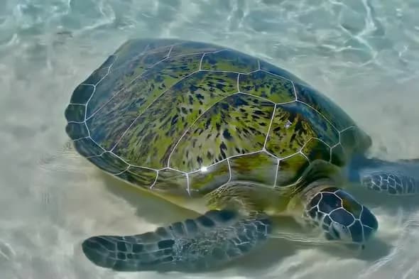 Sea Turtle Swimming Underwater with Reflected Landscape Shell Pattern