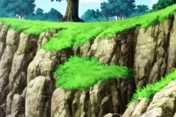 Scenic Rocky Cliff with Verdant Grass and Forest Background