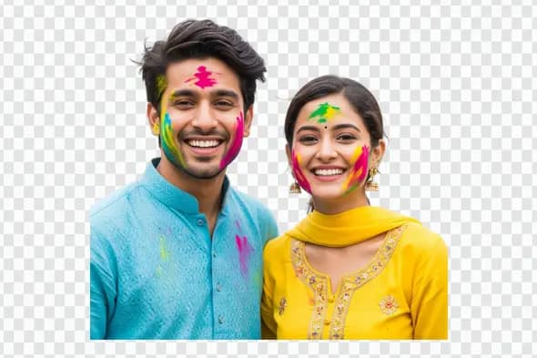 Joyful Indian Couple Celebrating Holi Festival Clipart PNG
