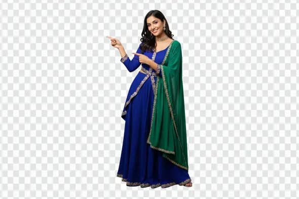 Smiling Indian Woman in Traditional Outfit Pointing PNG Clipart