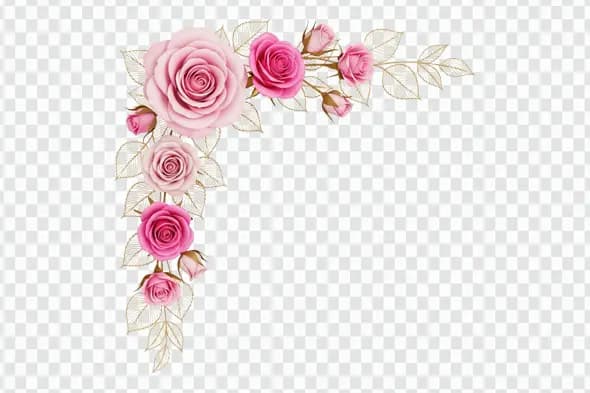 Opulent Pink Roses with Stylized Gold Leaves Clipart