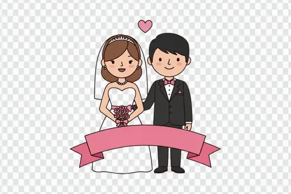 Adorable Wedding Couple with Blank Pink Ribbon Clipart