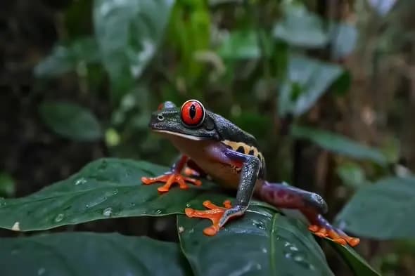 Red-Eyed Tree Frog on Dewy Tropical Leaf Close-up