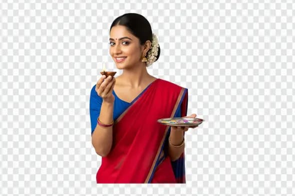 Indian Woman in Saree Holding Diya Thali PNG