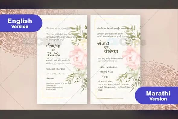 Floral Design Elegant Wedding Invitation Marathi & English Template