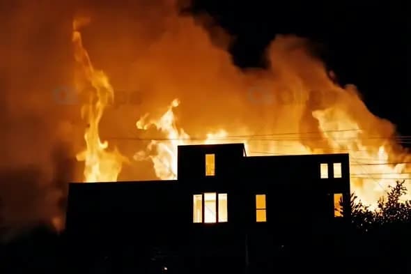 House Silhouette Against Raging Fire at Night