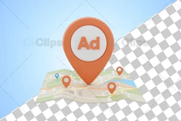 3D Location Pin with Ad Icon on Folded Map