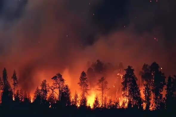 Raging Forest Fire with Silhouetted Trees at Night