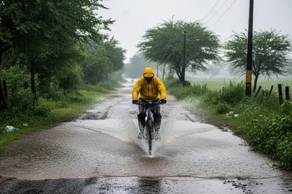 Monsoon Cyclist Braving Flooded Path