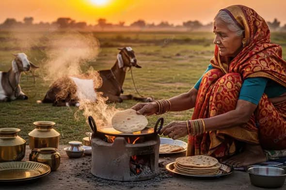 Rural Indian Woman Cooking Outdoors at Sunset