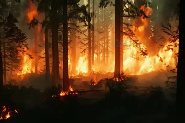 Raging Forest Fire Through Pine Trees at Night