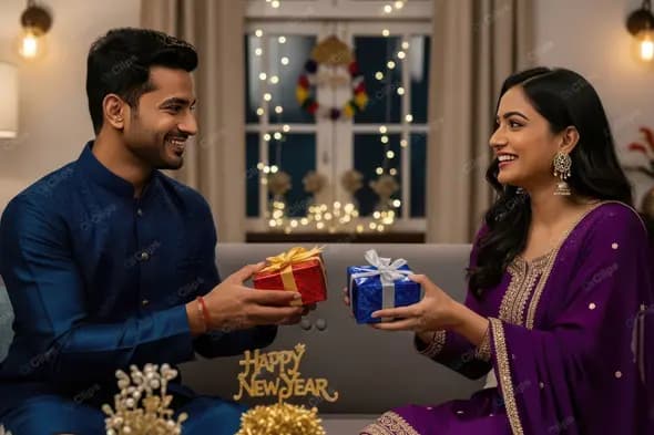 Heartfelt Gift Exchange in Traditional Attire