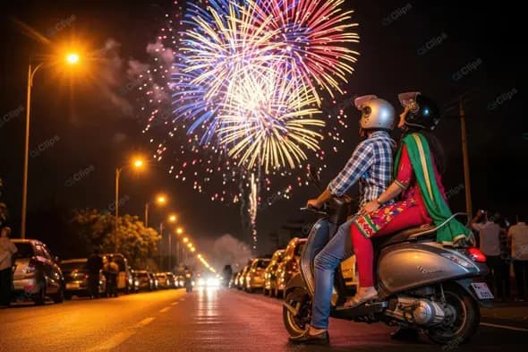 Urban Festive Night with Fireworks