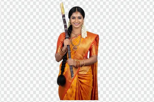 South Indian Woman with Sugarcane Celebrating Pongal PNG