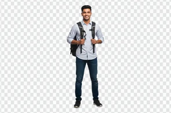 Smiling Young Indian Male Student with Backpack PNG