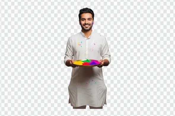 Young Indian Man with Holi Color Plate PNG Clipart