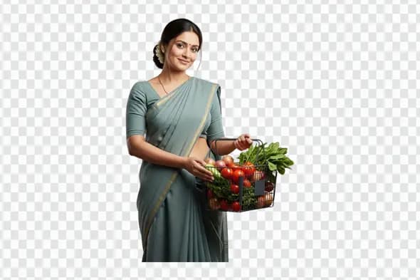Indian Woman with Vegetable Grocery Basket Clipart PNG