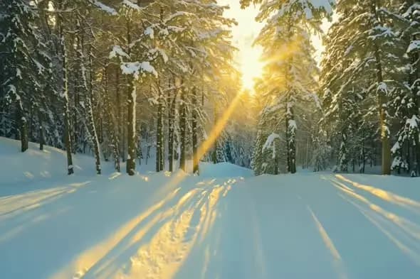 Sunlit Winter Forest Path with Snow-Covered Pine Trees